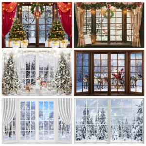 Winterlandschaft Fensterhintergrund Schnee Landschaft Baum Fotografie Hintergrund für Kinder Familie Weihnachten Neujahr Party Fotostudio