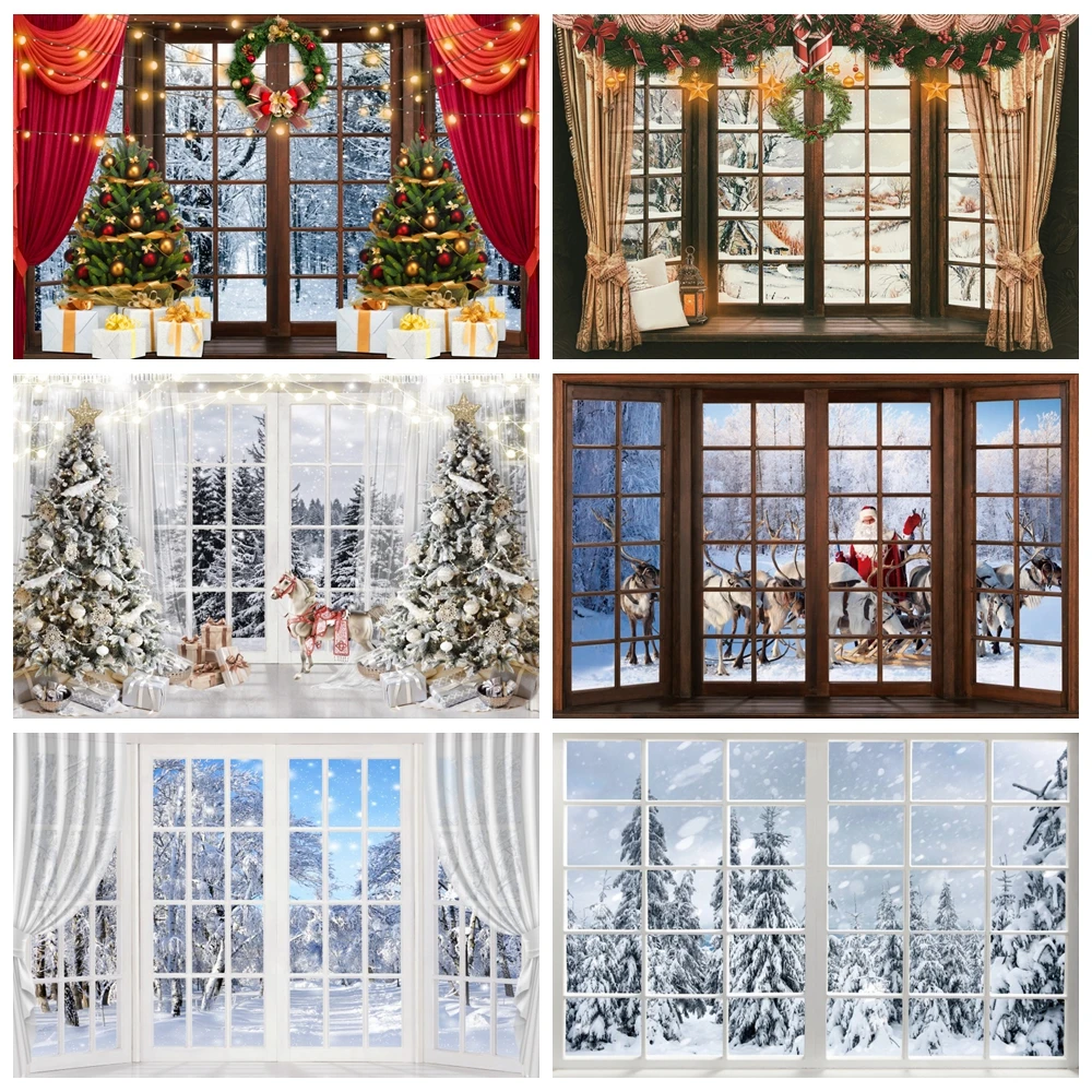 Winterlandschaft Fensterhintergrund Schnee Landschaft Baum Fotografie Hintergrund für Kinder Familie Weihnachten Neujahr Party Fotostudio