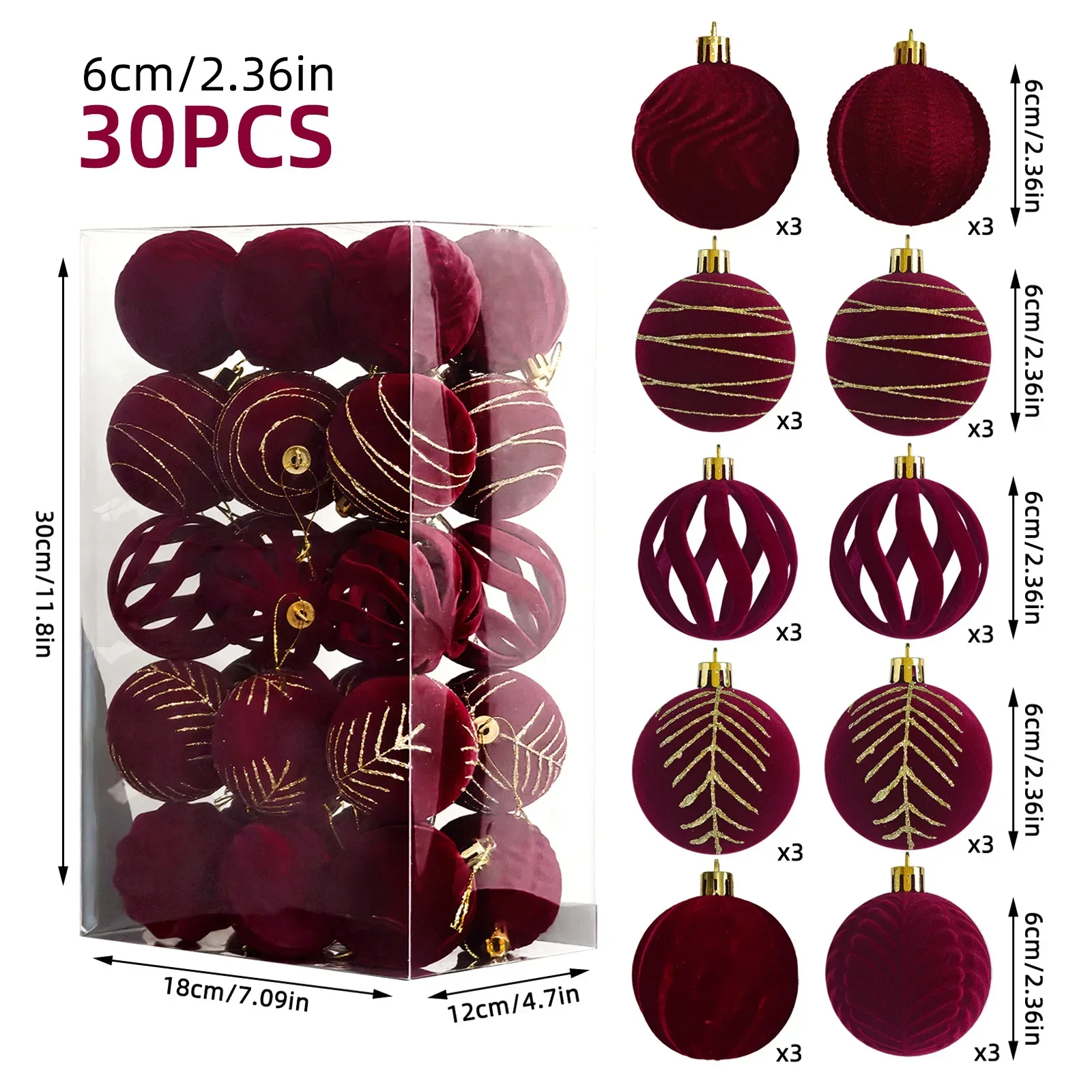 30PCS 6CM Samt Weihnachten Kugeln Rot Beflockten Weihnachten Baum Ornamente Frohe Weihnachten Kugeln Anhänger Neue Jahr Geschenke wohnkultur 4