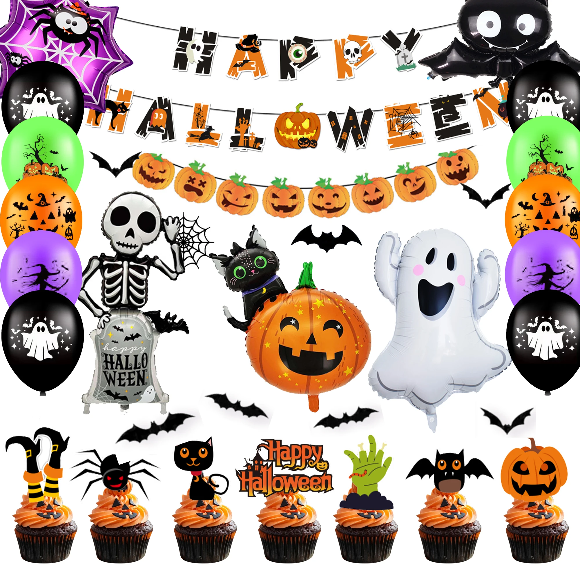 Halloween-Partyzubehör, 55-teiliges Halloween-Party-Set – Happy Halloween Banner, Luftballons, Tortenaufsatz usw., Happy Halloween-Dekorationen