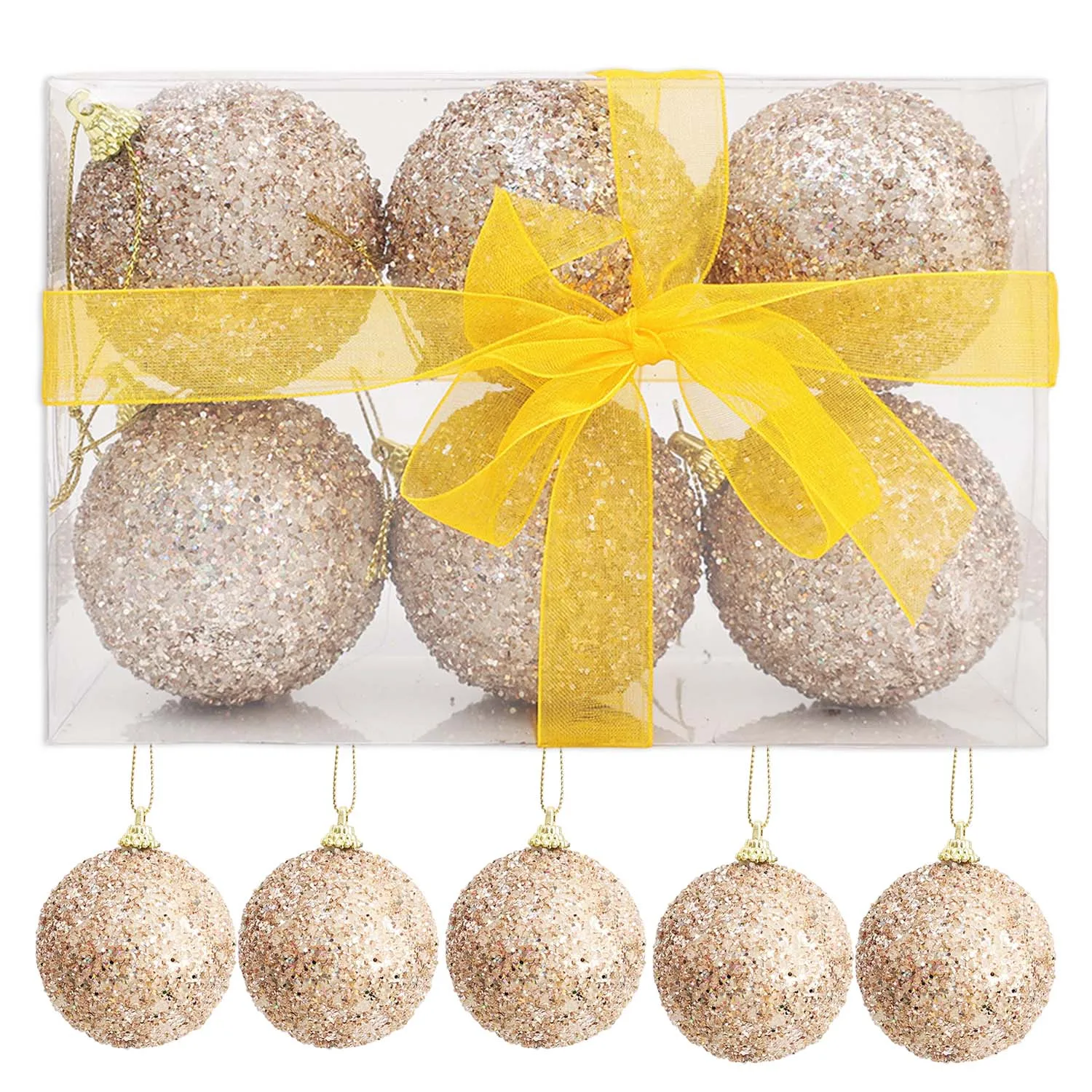 6–30 Stück Champagner-Gold-Glitzer-Weihnachtskugeln, 6 cm, Weihnachtsbaum-hängende funkelnde Kugel-Anhänger für Neujahr, Party, Dekoration, Ornamente 6