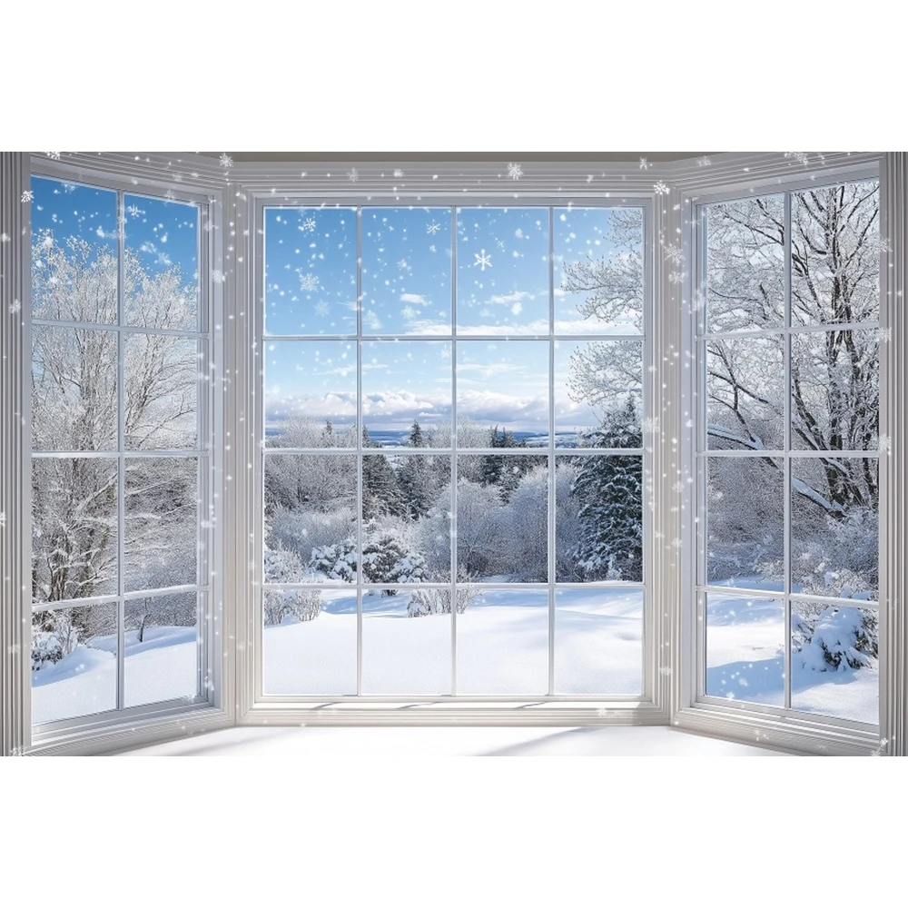 Winter Schnee Fenster Szene Fotografie Hintergrund Wunderland Schneeflocke Weiß Fenster Wald Weihnachten Party Foto Hintergrund Dekor 2