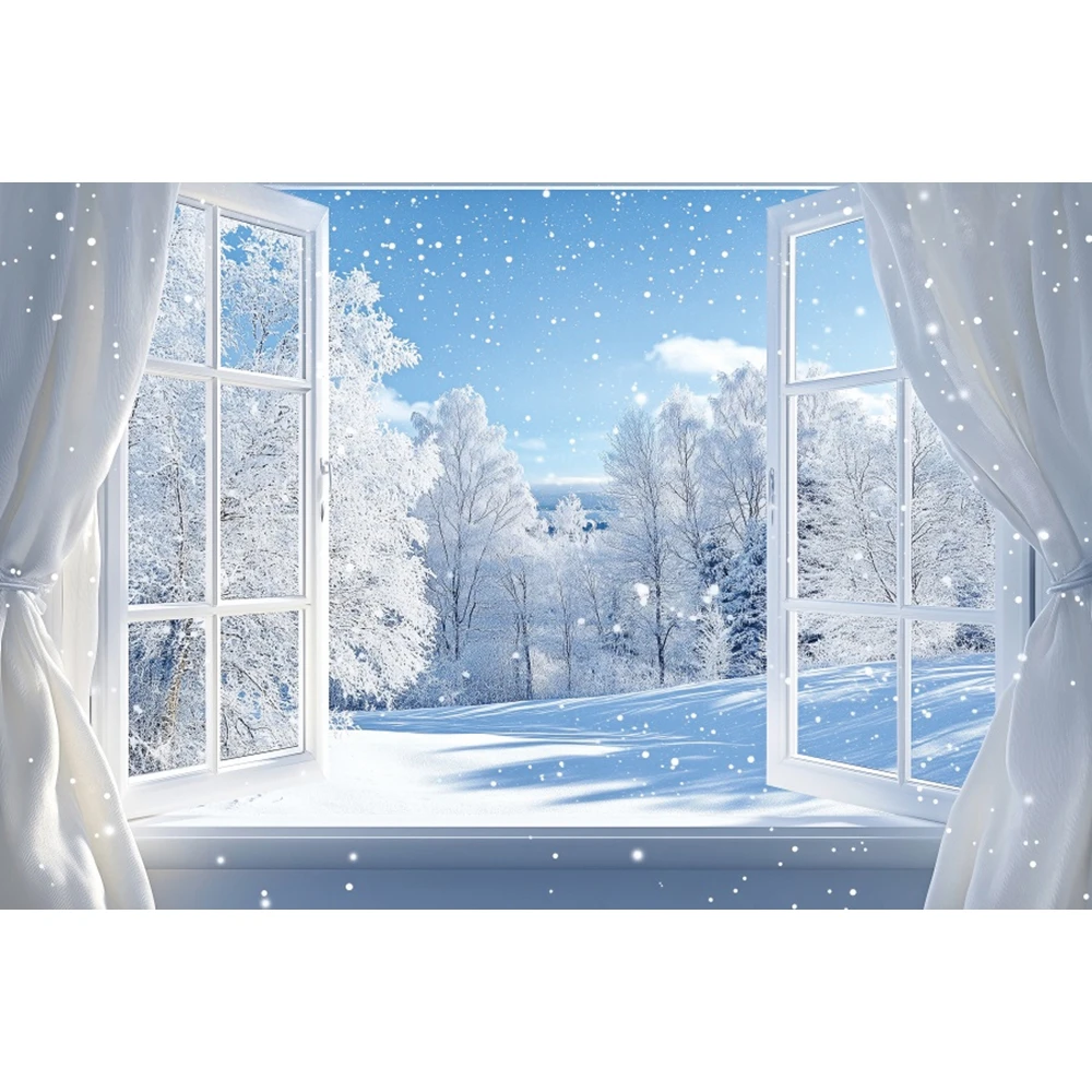 Winter Schnee Fenster Szene Fotografie Hintergrund Wunderland Schneeflocke Weiß Fenster Wald Weihnachten Party Foto Hintergrund Dekor 3