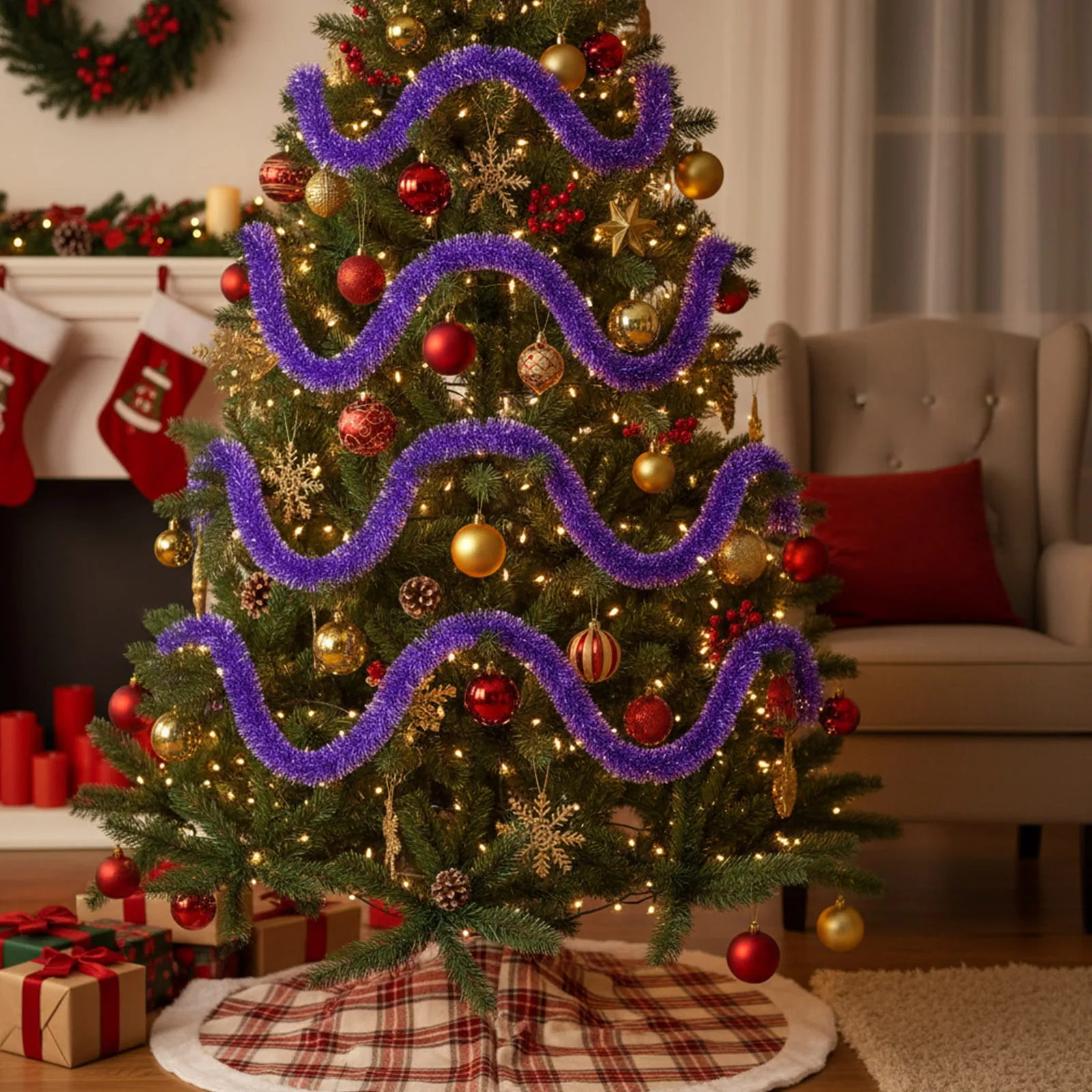 Weihnachts-Lametta-Girlande, bunte metallische Twist-Girlande, silberne Weihnachtsgirlande für Urlaubsparty im Innen- und Außenbereich