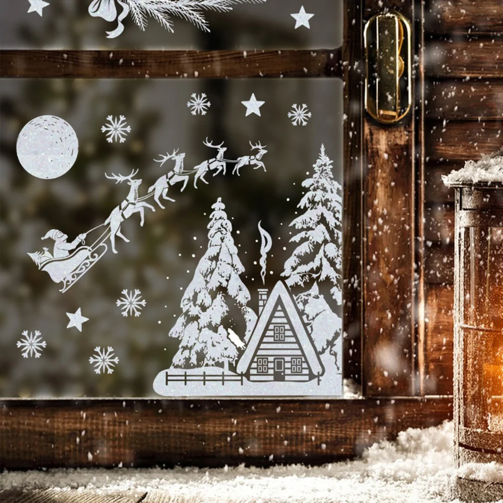 Wiederverwendbare Weihnachts-Fensteraufkleber, doppelseitiger Rentier-Schneeflocken-Aufkleber für Glas, einfach aufzutragen, abnehmbare PVC-Dekoration 3