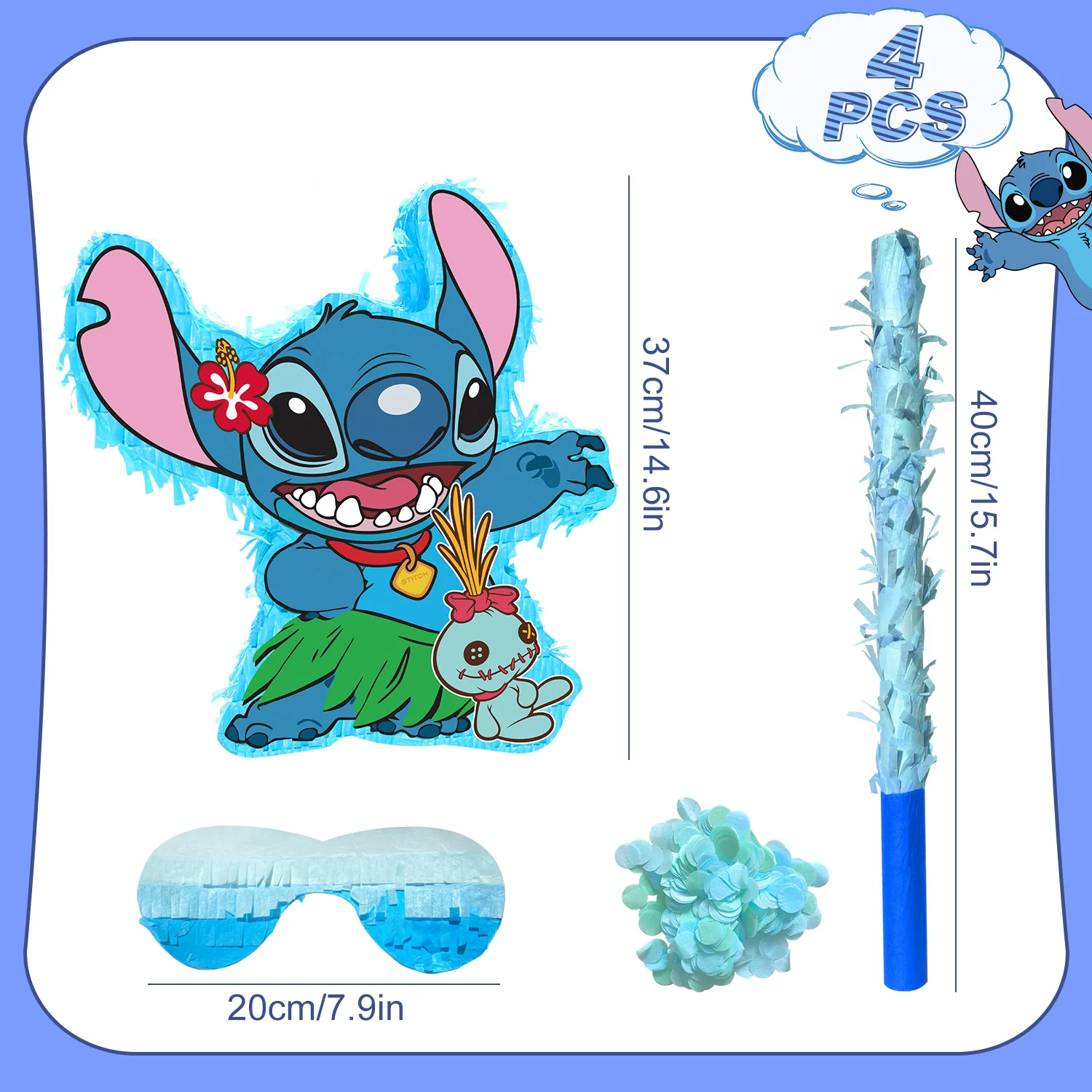 Stitch Theme Piñata, 4-teiliges Stitch Party Pinatas Set – 14,6 Zoll Stitch Pinata Augenbinde Pinata Stick etc Stitch Party Games Supplies 6