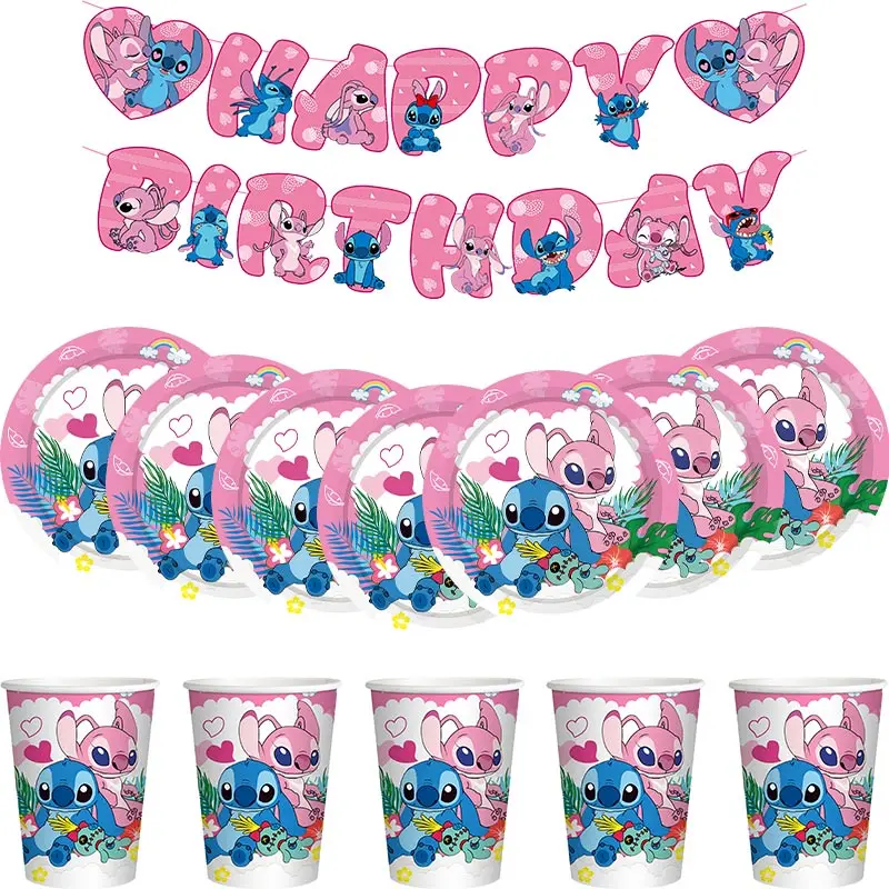 Lilo And Stitch Birthday Decoration Kit Pink Stitch Party Theme Tableware Plates Cups Napinks Tablecloth Supplies For Kids 6