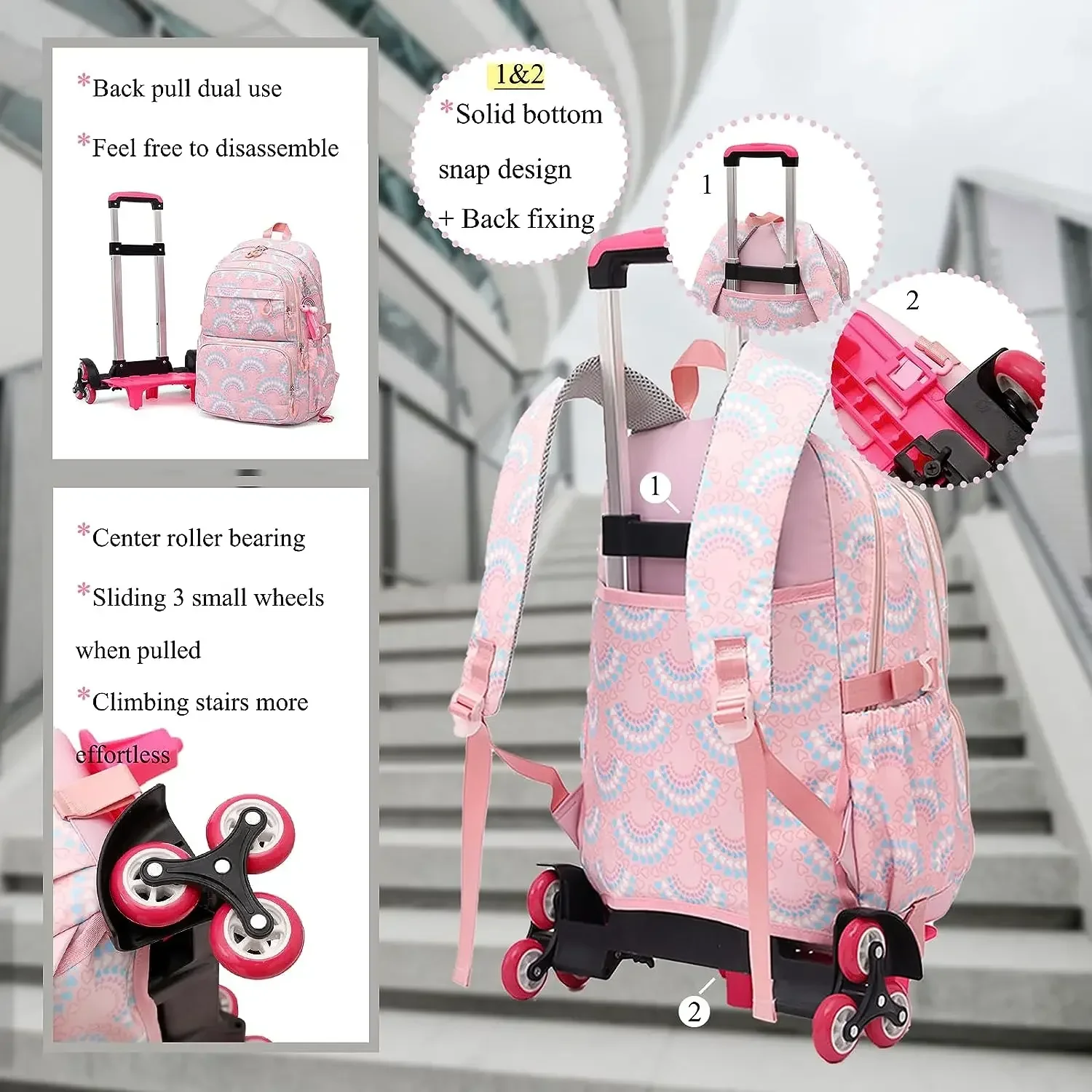 Großer Rucksack mit Stich, Anime-Motiv, bedruckt mit Rollen, Trolley-Schultasche, lässig, für Reisen, Pendeln, Rucksack für Frauen und Mädchen 3