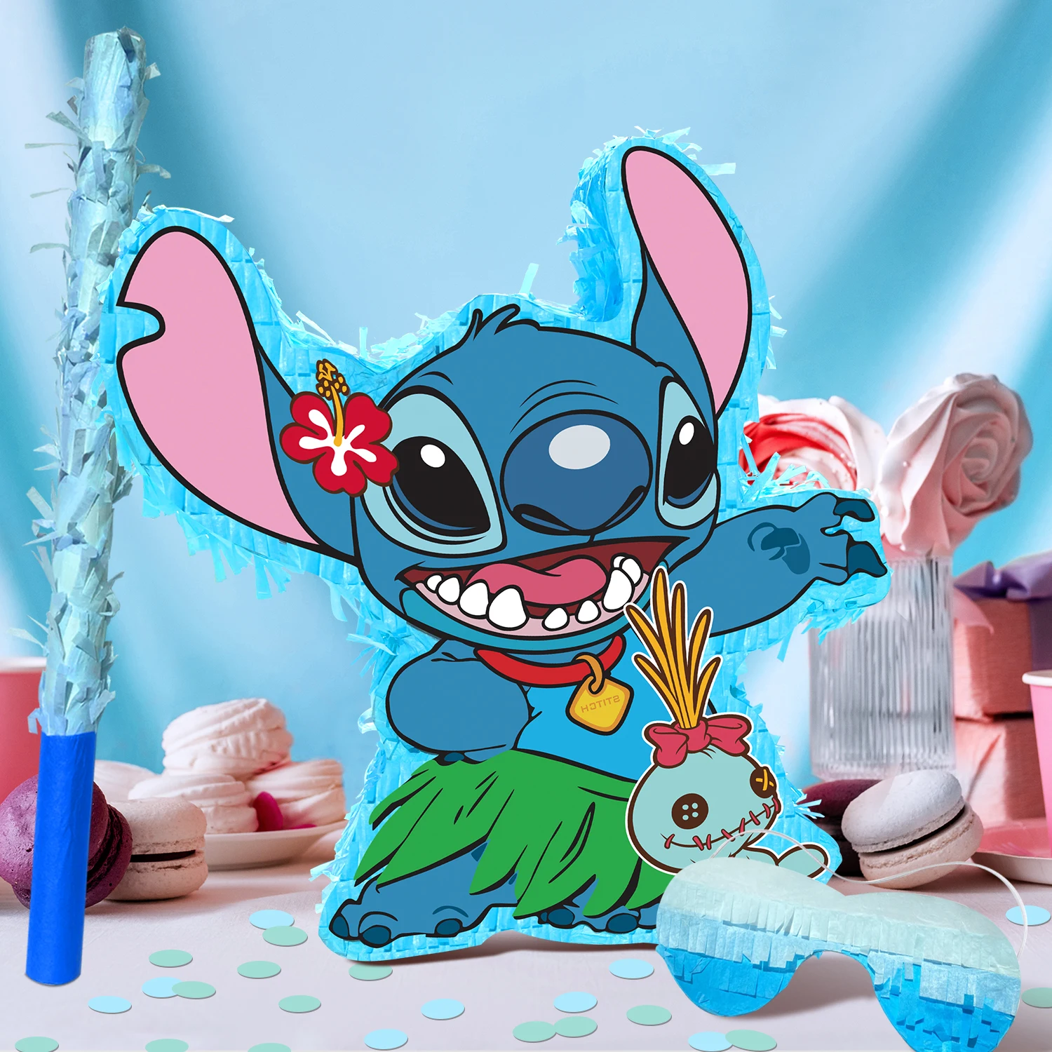 Stitch Theme Piñata, 4-teiliges Stitch Party Pinatas Set – 14,6 Zoll Stitch Pinata Augenbinde Pinata Stick etc Stitch Party Games Supplies 3
