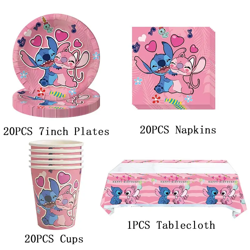 Lilo And Stitch Birthday Decoration Kit Pink Stitch Party Theme Tableware Plates Cups Napinks Tablecloth Supplies For Kids 5