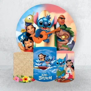 Disney Lilo & Stitch kreisförmiges Hintergrundbanner, lasierende zylindrische Abdeckungen für Kindergeburtstag, Party-Hintergrund, Ballon-Dekoration