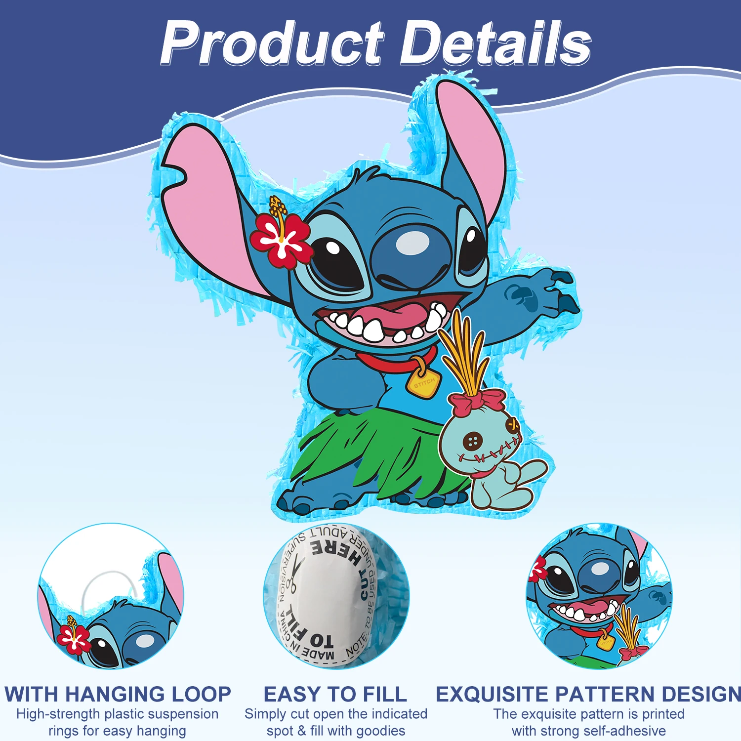 Stitch Theme Piñata, 4-teiliges Stitch Party Pinatas Set – 14,6 Zoll Stitch Pinata Augenbinde Pinata Stick etc Stitch Party Games Supplies 5