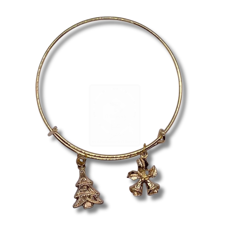 Goldenes Weihnachtsarmband mit Tannenbaum & Schleifenglocke