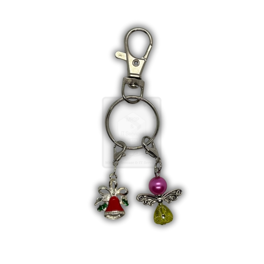 Schlüsselanhänger mit Weihnachtsglocke & Schutzengel – Pink-Gelb – Handgefertigt