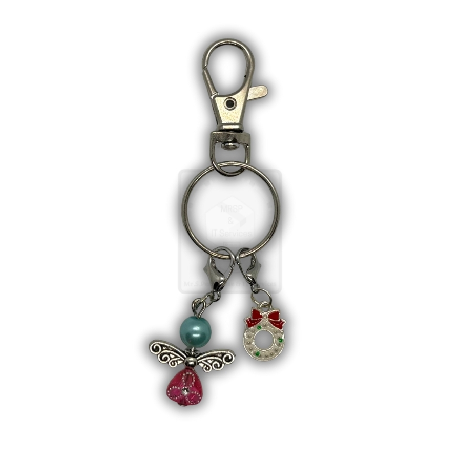 Schlüsselanhänger mit Weihnachtskranz & Schutzengel (Türkis-Pink)