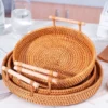 1 x gewebter Rattan-Aufbewahrungskorb mit Riemengriff, rundes Tablett für Brot, Snacks, Obst, Picknick – Heimorganisationskorb 6