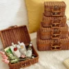 Vintage-Aufbewahrungskorb aus Rattan, gewebt, mit Griff, rechteckiger, stapelbarer Organizer für Picknicks, Heimdekoration, Wohnzimmer, Regalkörbe