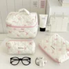 Niedliche Schleife-Kulturtasche mit Reißverschluss, Make-up-Organizer, Aufbewahrungstasche, gesteppt, Kosmetik-Organizer aus Baumwolle für Frauen und Mädchen 2