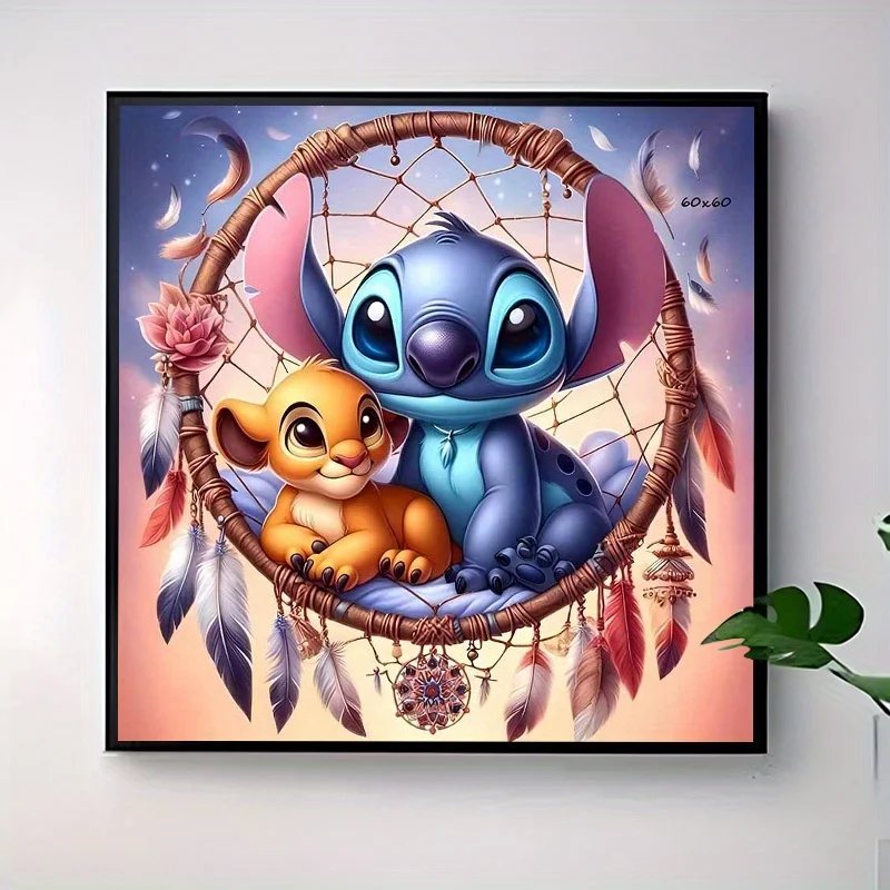 1 Stück großer Stich und Simba auf Traumfänger-Leinwand – 5D-Diamant-Malerei-Set zum Selbermachen, runde Diamanten, lebendige Farben, ideal für Ho 2