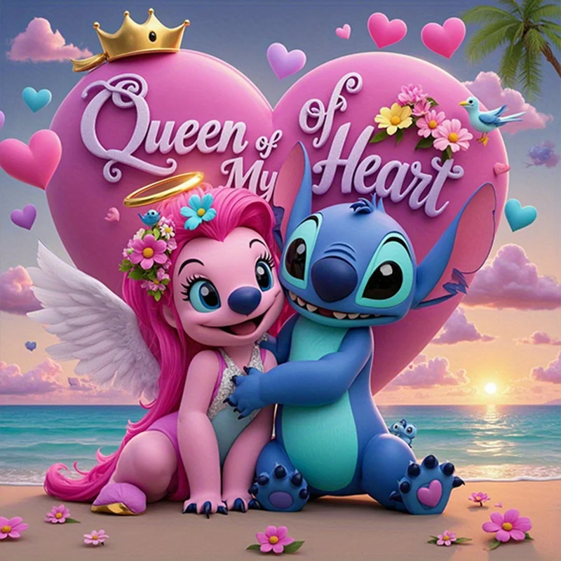 1-teiliges Prinzessinnen- und Stich-Diamant-Malerei-Set – romantisches Design „Queen of My Heart“ mit runden Acryldiamanten, perfekt für Mot