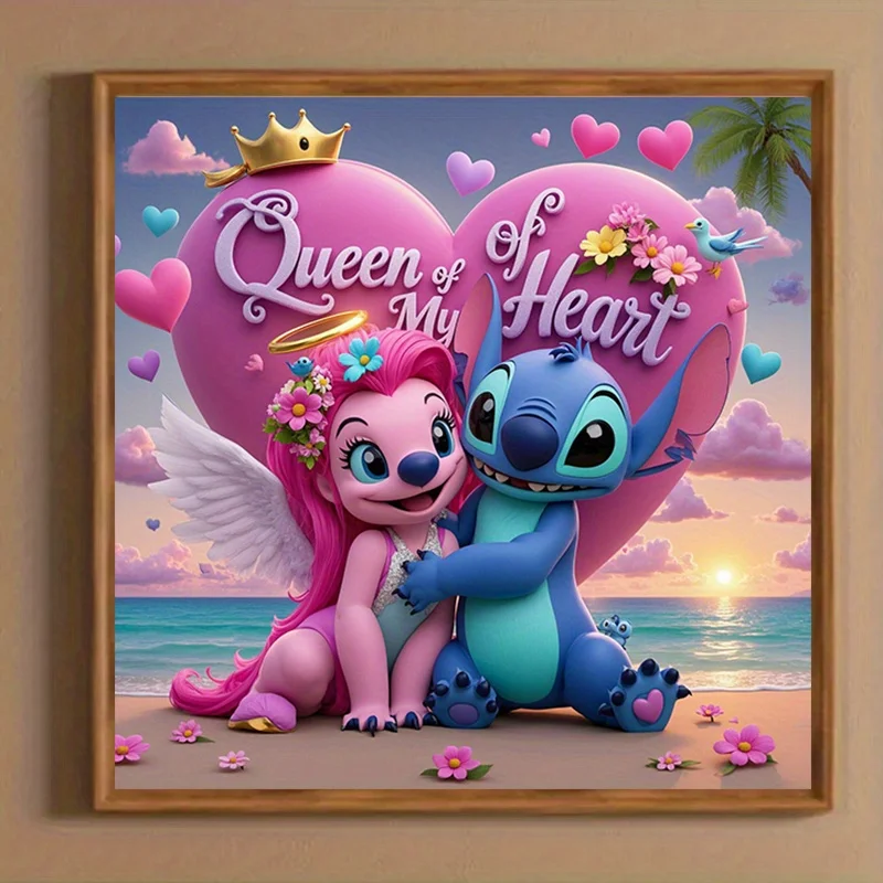 1-teiliges Prinzessinnen- und Stich-Diamant-Malerei-Set – romantisches Design „Queen of My Heart“ mit runden Acryldiamanten, perfekt für Mot 2