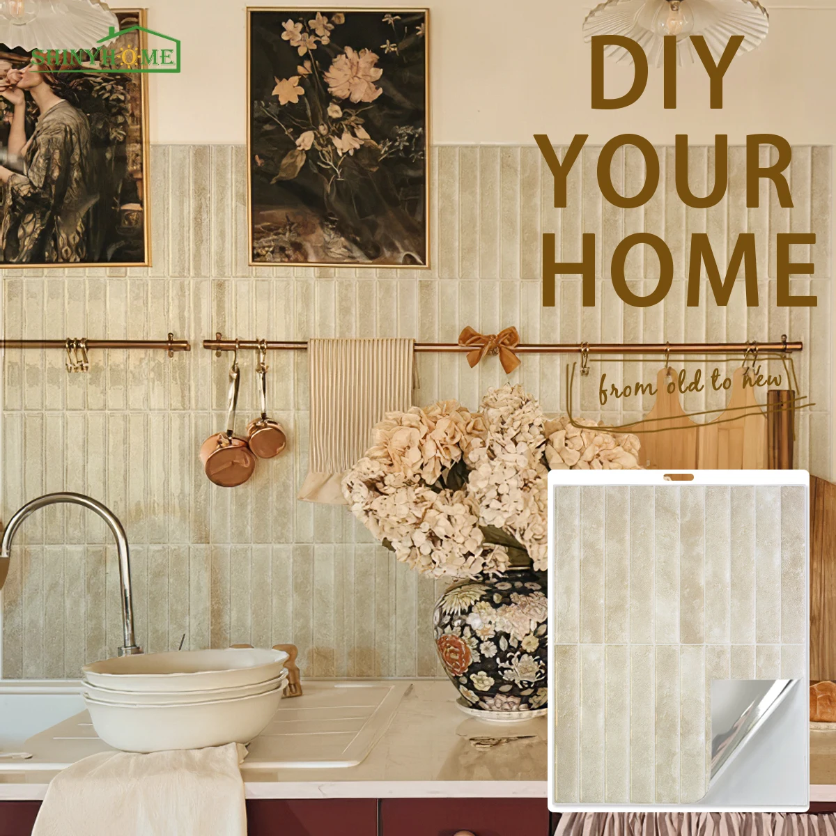 Shinyhome 1/10 Stück beige selbstklebende Wandfliesen – hitze- und wasserfest, ohne Fugen, leicht zu reinigen, perfekt für Küchenrückwände. 6