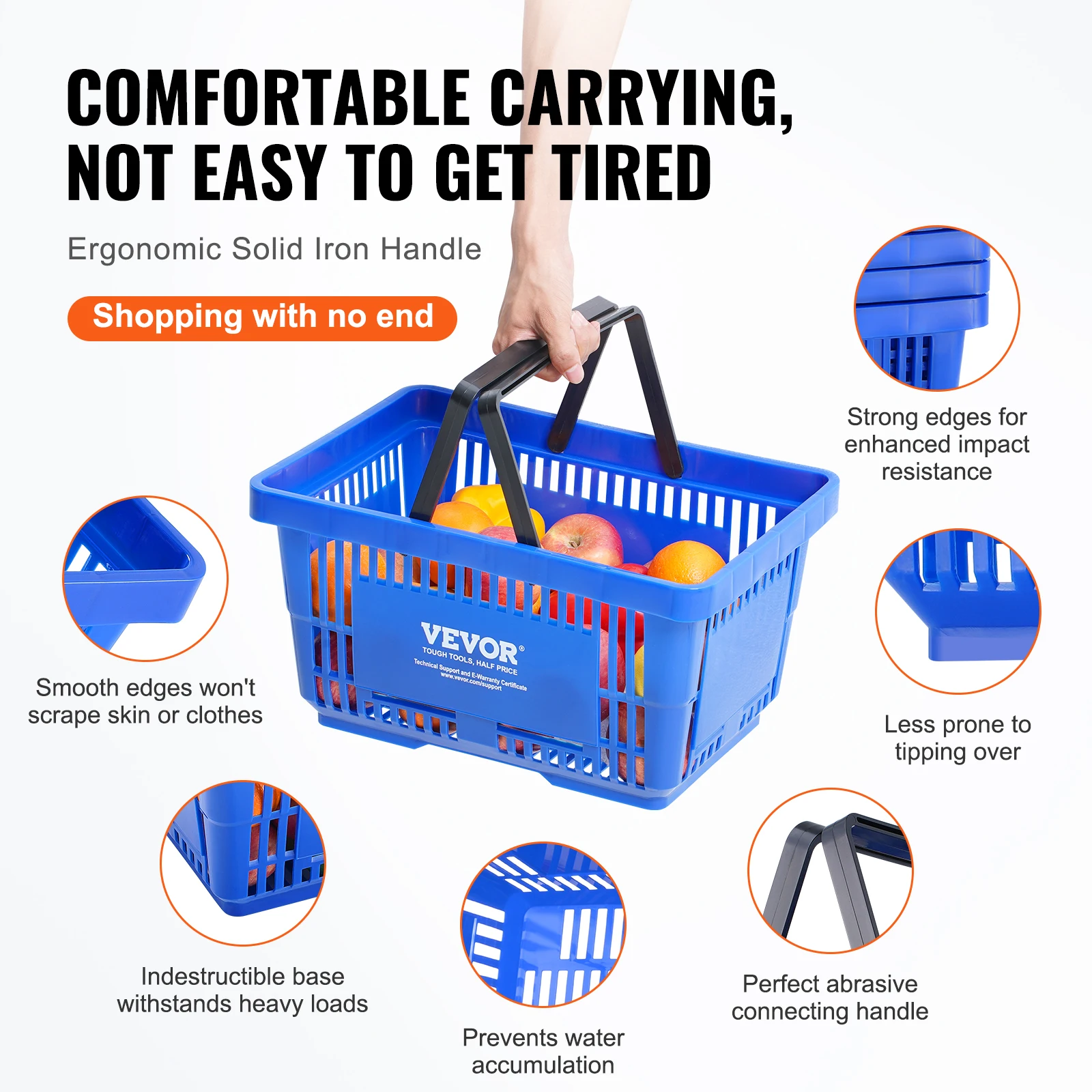 VEVOR Einkaufskorb, 12er-Set, 24 l robuster Einkaufskorb aus Kunststoff mit Griff und Ständer, 42 x 29 x 22 cm, tragbarer Einkaufskorb in Großpackung für den Lebensmitteleinkauf im Einzelhandel 4