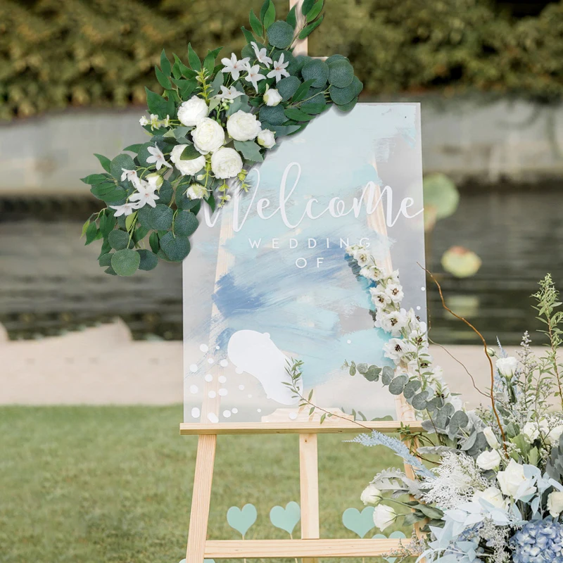 Künstliche Hochzeitsbogen-Blumen, Boho-rote Rose, Eukalyptus-Girlande, Vorhänge, Heimdekoration, Hochzeitsdekorationen, Willkommensschild 3