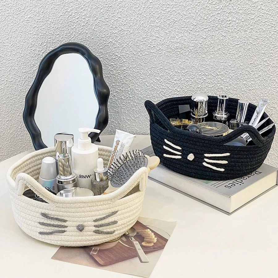 Handgewebter Aufbewahrungskorb mit Cartoon-Katze und Ohren, Kinderspielzeug, Kleinigkeiten, Wäsche, Schreibtisch-Organizer, platzsparende dekorative Behälter 5