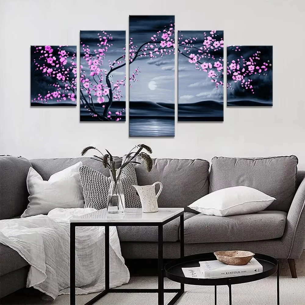 5-teiliges Leinwand-Wandkunst-Poster, Gemälde, Blume, Pflaume, Lila, modulares Bild, Druck, Heimdekoration für Wohnzimmer, Kunstwerk, ohne Rahmen 2