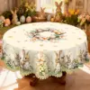 1 Stück Oster-Tischdecke, rund und rechteckig, in 5 Größen erhältlich, mit einem niedlichen Kranz in der Mitte mit bemalten Eiern, kombiniert mit einem weichen und niedlichen Hase, der ein Ei hält, frische Blumenbüschel und lebendige Schmetterlinge auf der runden Tischdecke bedruckt, geprägte Kanten, Osterdekoration, geeignet für Oster-Familientreffen, Frühlings-Terrassenpartys, Oster-Saison-Dekoration, Frühlings-Party-Dekoration, Geschenke 3