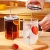 FZCSPEED 1000 ml Glasbecher mit Griff – Deckel und Strohhalm, für Eiskaffee, Tee, heiße und kalte Getränke, Trinkgeschirr im koreanischen Stil 1