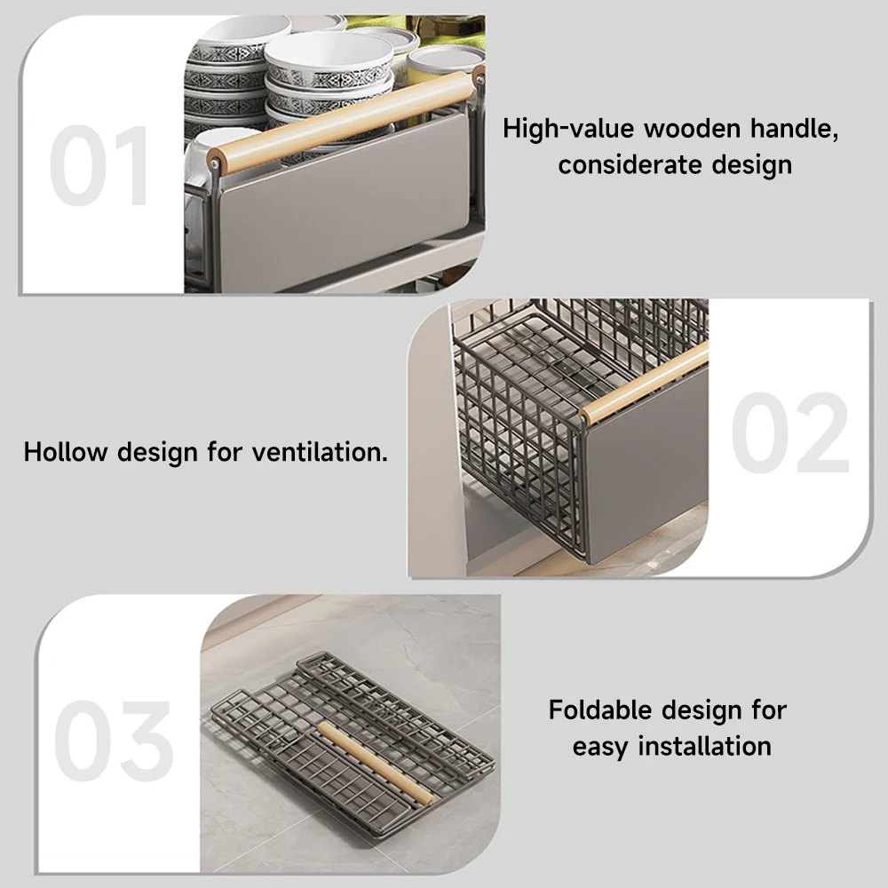 Ausziehbarer Metall-Aufbewahrungskorb Haushalts-Spülbecken-Aufbewahrungsregal Faltbarer, einziehbarer, verstellbarer Schiebeschrank mit Holzgriff 5