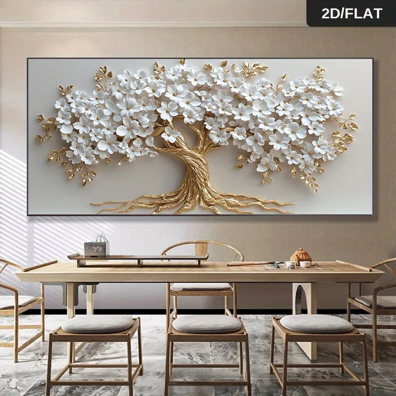 1 Stück moderner abstrakter goldener Baum mit weißen Blumen, Druckkunst, Wanddekoration, Leinwand, rahmenloses Poster, Heimdekoration, elegante Wandkunst 3