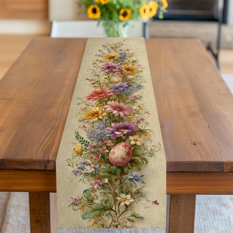 1 Stück Frühlings-Oster-Tischläufer mit Blumenmuster, Leinen, 2D-Druck, Niedliches Geschenk für Esstisch, Küche, Wohnzimmer-Dekoration 2