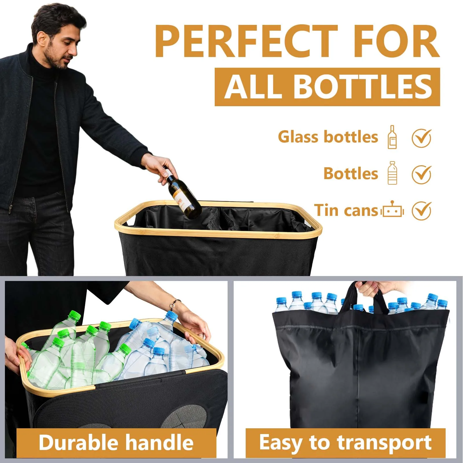 Faltbarer Recyclingbehälter für Glasflaschen, Plastikflaschen, Dosen, 600D Oxford-Stoff, abnehmbarer Innensack, Müllbehälter für drinnen und draußen 4