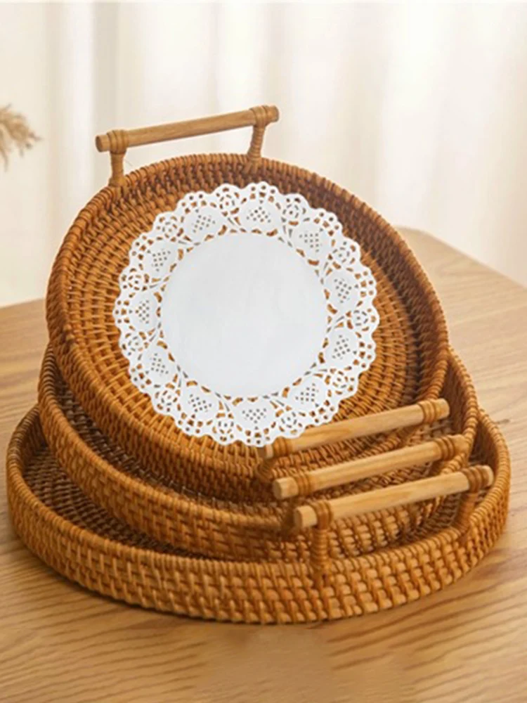Aufbewahrungskorb mit Rattan-Riemengriff, Brot, Snack, Obst, rundes rundes Tablett, Picknick, gewebter Aufbewahrungskorb