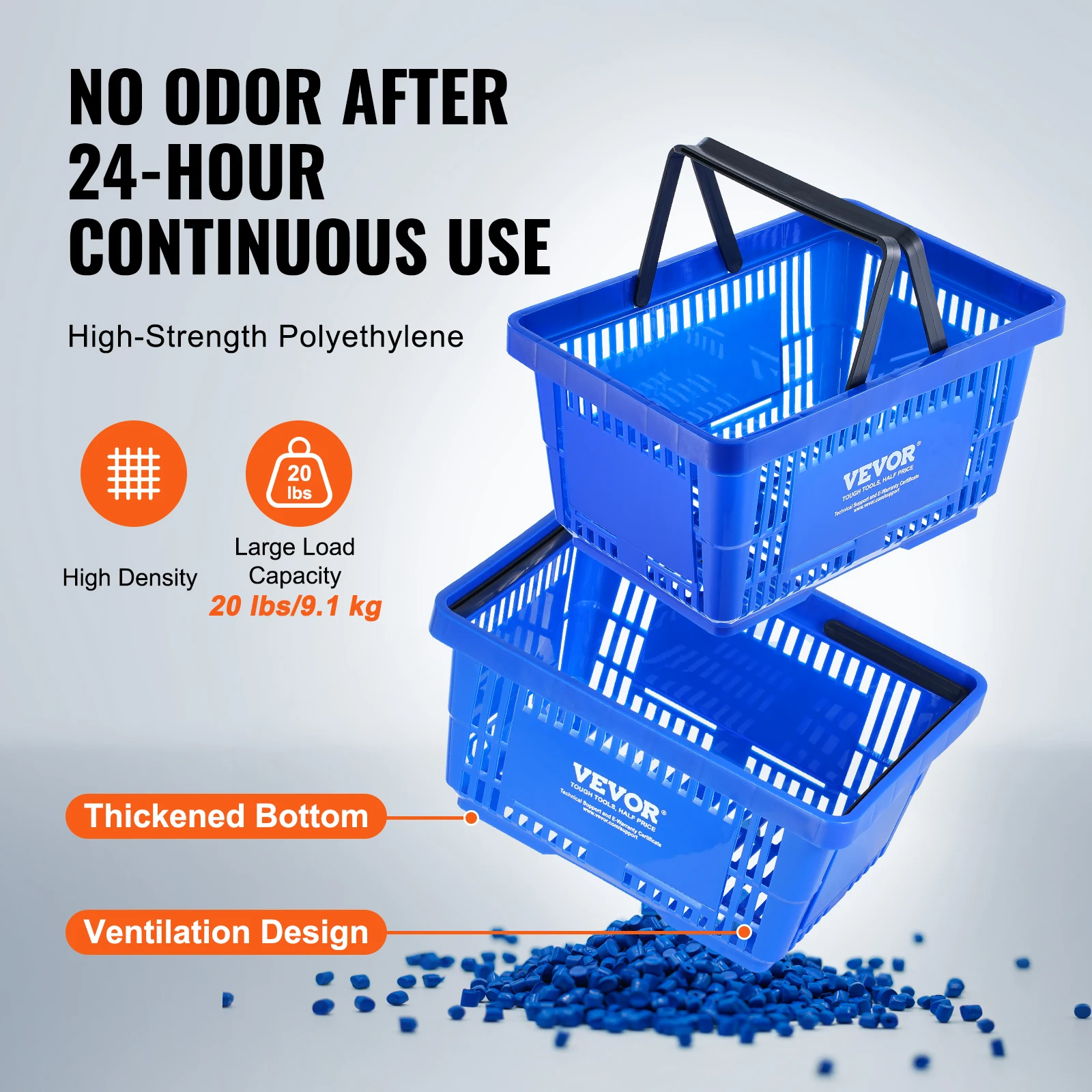 VEVOR Einkaufskorb, 12er-Set, 24 l robuster Einkaufskorb aus Kunststoff mit Griff und Ständer, 42 x 29 x 22 cm, tragbarer Einkaufskorb in Großpackung für den Lebensmitteleinkauf im Einzelhandel 3