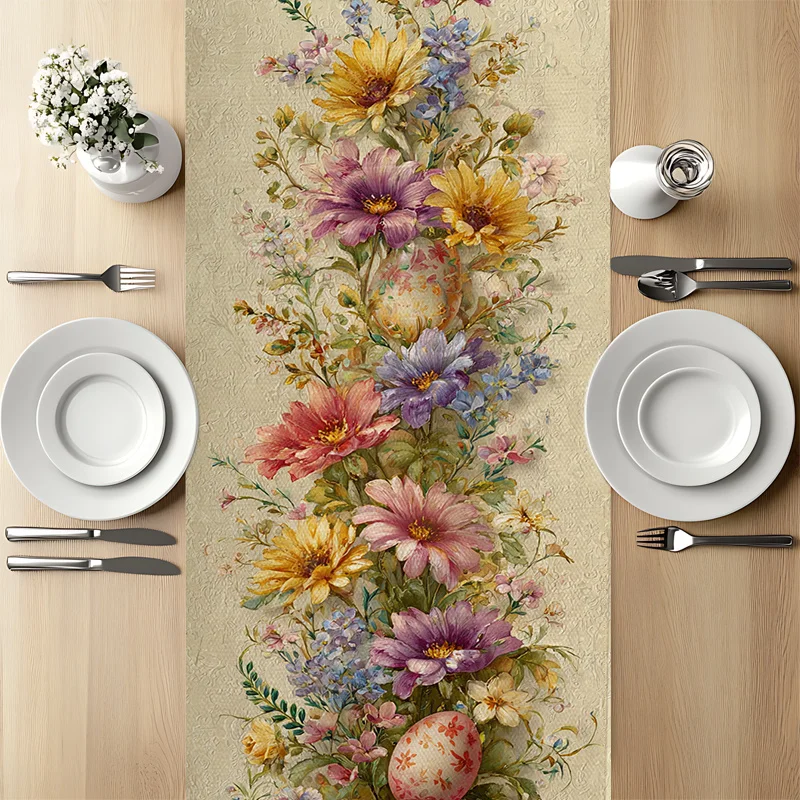 1 Stück Frühlings-Oster-Tischläufer mit Blumenmuster, Leinen, 2D-Druck, Niedliches Geschenk für Esstisch, Küche, Wohnzimmer-Dekoration 4