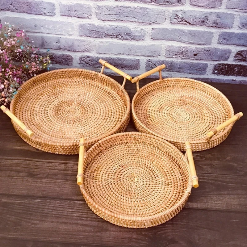 Aufbewahrungskorb mit Rattan-Riemengriff, Brot, Snack, Obst, rundes rundes Tablett, Picknick, gewebter Aufbewahrungskorb 3