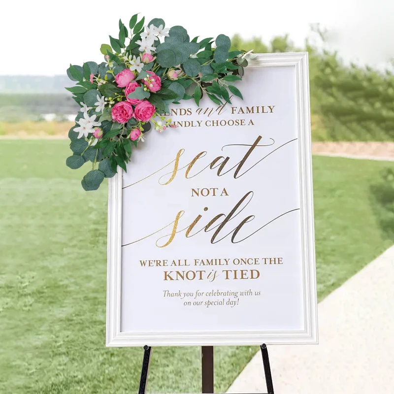 Künstliche Hochzeitsbogen-Blumen, Boho-rote Rose, Eukalyptus-Girlande, Vorhänge, Heimdekoration, Hochzeitsdekorationen, Willkommensschild 4