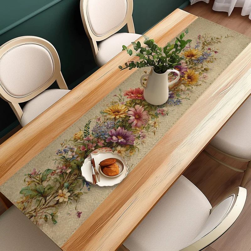 1 Stück Frühlings-Oster-Tischläufer mit Blumenmuster, Leinen, 2D-Druck, Niedliches Geschenk für Esstisch, Küche, Wohnzimmer-Dekoration 3