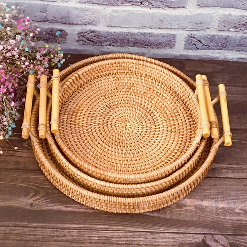 Aufbewahrungskorb mit Rattan-Riemengriff, Brot, Snack, Obst, rundes rundes Tablett, Picknick, gewebter Aufbewahrungskorb 4