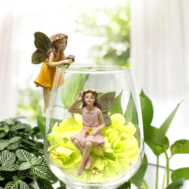 1 Set verzauberte Feengartenornamente, skurrile Blumenfeenstatuen aus Kunstharz für Topfpflanzen und Heimdekoration 3