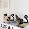 1–2 Stück, 250 ml, niedliche schwarze Katze, Glas-Kaffeetasse, Handgriff, Tierform, Milch, Wasser, Saft, Tassen, Teetasse, japanischer Stil, Geschenk 4