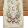 1 Stück Oster-Tischläufer - Leinen 2D-Druck mit Ei- und Blumenkranz-Design mit Schleife, Ideal für Küche, Esszimmer-Dekoration & Feste