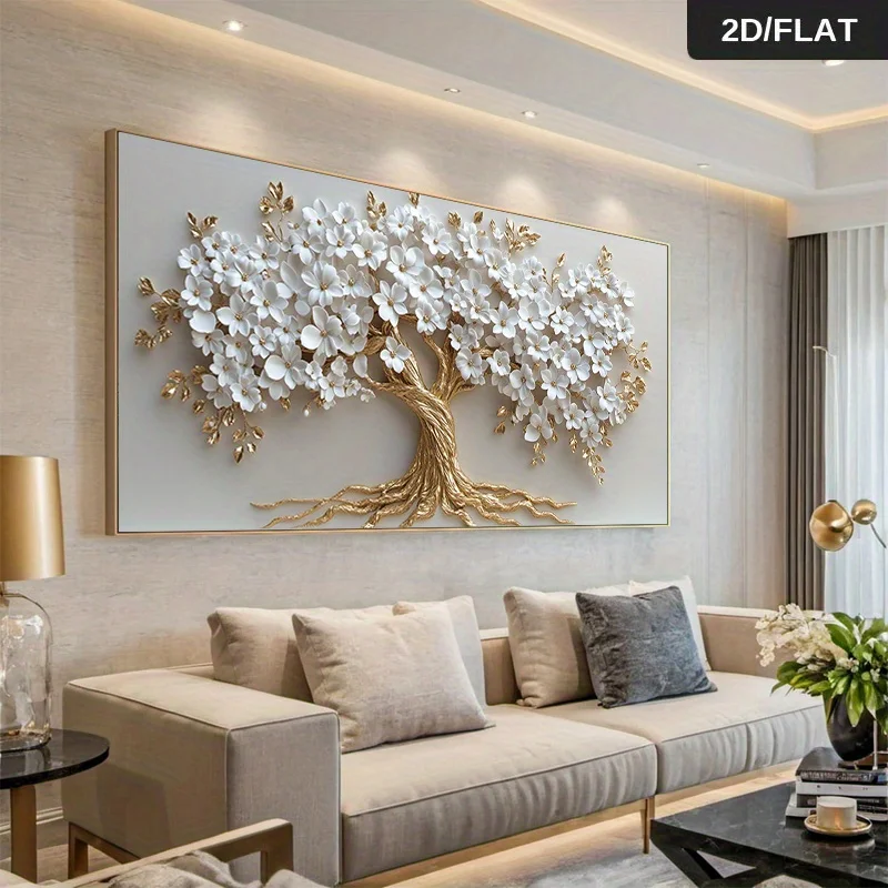 1 Stück moderner abstrakter goldener Baum mit weißen Blumen, Druckkunst, Wanddekoration, Leinwand, rahmenloses Poster, Heimdekoration, elegante Wandkunst