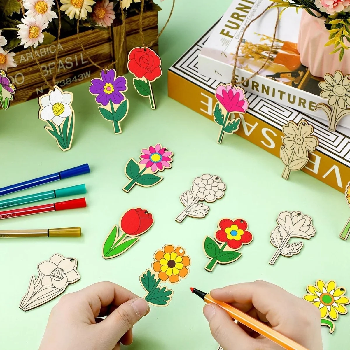 10 stücke Frühlings blume hängen Ornament Rose Sonnenblume Holz anhänger für Frühling Haupt dekorationen DIY Malerei Geschenke Verpackung 2