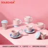 SOLECASA Keramikbecher Macaron-Serie Kaffeetasse und Untertasse Set Multifunktionale Wasserbecher Rosa Blau Home Breakfast Kaffeetassen 1