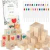 50 Stück DIY-Holzblöcke, unvollendete, leere Mini-Quadratblöcke mit farbigem Farbstift und dekorativen Schildern für DIY-Puzzle-Bastelwürfel